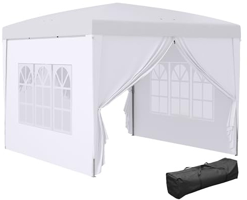 Outsunny Pavillon ca.3x3m, wasserabweisend Stabil Winterfest Pop-up Faltpavillon, UV Schutz 50+, Faltbar Partyzelt Gartenzelt mit 4 Seitenteilen Tasche Gartenpavillon für Camping Garten, Weiß