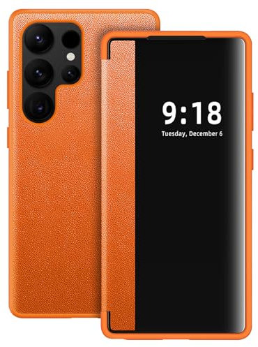 Hülle für Samsung Galaxy S24 Ultra Handyhülle S View S24 Ultra Flip Case Stoßfest Kratzfest Tasche Flip Schutzhülle für Samsung S24 Ultra, Durchscheinend View Silikon Bumper Handyhülle (Orange)