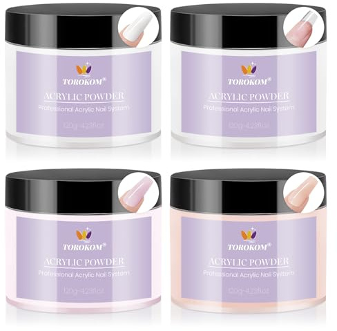 TOROKOM Acryl Pulver, Große 4 Stück 480g Kapazität Professionelle Acryl Nagel Pulver für Nagelverlängerung, Nagelschnitzen, langlebig, keine Nagellampe erforderlich