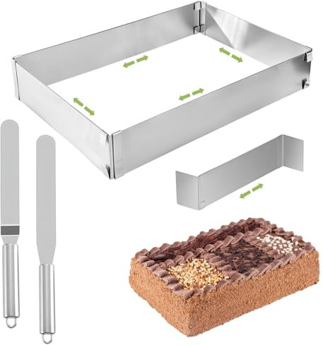 Jortmrd Stampo Rettangolare Torta Regolabile Anello Torta Rettangolare in Acciaio Inox con Divisori e 2 Spatola per Torte Tiramisù, Mousse, Pasticcini