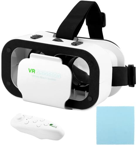 VR-headset för telefon med kontroll, virtual reality-glasögon, 110° FOV VR-glasögon, 3D-glasögon headset hjälmar för VRS-spel, videofilmer utbildning passar 12–6 tums skärm (vit + svart, storlek: 15,5