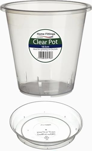 Home Fittings® Clear Orchid Pot 18.5cm with Saucer Plastic Flower Plant For Optimal Growth See Through Tub