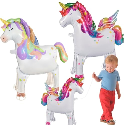 Walking Einhorn Luftballons, Folienballon Einhorn, 3D Einhornballon (mit Rädern), Einhorn Standballon, Passend für Kindergeburtstag, Einhorn Party Deko, 2er Pack