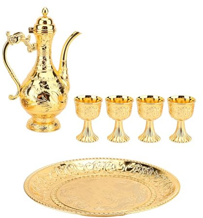 Ausla Vintage Te Set, Turkisk Metall Tekanna Bricka 4 Koppar och Bricka för Konsthantverk Bröllopsgift Fest Heminredningsprydnader (GOLD)