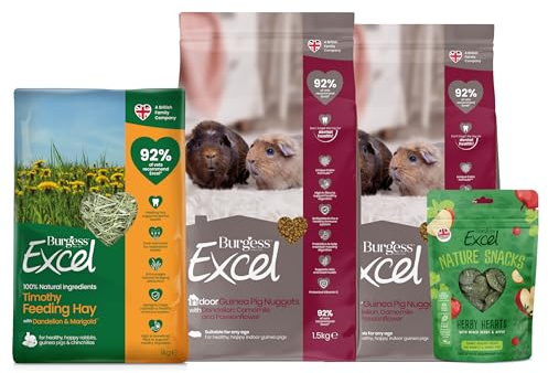 Burgess Excel 3KG Indoor Guinea Pig Food, 1KG Feeding Hay & Treat Value Bundle – Guinea Pig Nuggets & Dandelion & Marigold Feeding Hay for Indoor Guinea Pigs