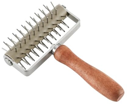Mobestech Handle Roller Pizza Dough Docker Stainless Steel Wooden Handle Pizza Dough Roller Baking Tool and Pastry