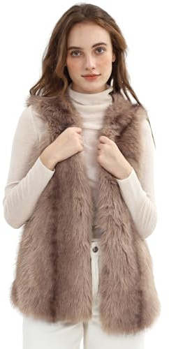 Amazhiyu Chaleco de piel sintética para mujer, chaleco de felpa sin mangas con cuello redondo, frente abierto, cálido con bolsillos para otoño/invierno, Reino Unido, marrón, S