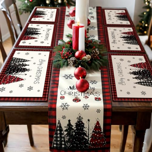 Patelai 7 Pcs Christmas Table Runner and Placemats Set, Serve 6