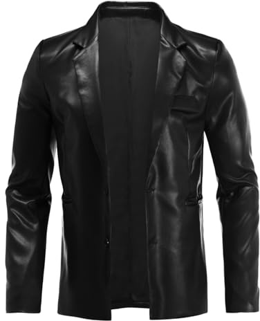 YFFUSHI Blazer da Uomo Giubbotto Uomo in Pelle Sintetica Giacca Soft Vintage Slim Fit Casual, Nero, M