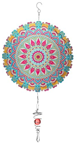 Otoolling 12 Inch Mandala Wind Spinners with Gazing Ball Spiral Tail, Outdoor 3D Stainless Steel Hanging Spinner Mandala Wind Catchers Sculpture for Indoor Outdoor Garden Yard Decoration (Flower)