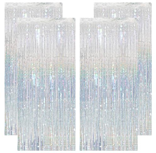 KICNIC Lametta Vorhang Silber Glitzer, 4 Stück Lametta Vorhänge, Glitzervorhang 1m x 2.5m, Tinsel Curtain für Fotowand, Geburtstag, Silvester, Disco, Halloween, Hochzeit und Weihnachten Party Deko