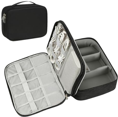 Tech Bag,Electronics Travel Organiser Bag,Portable Waterproof Large Capacity Accessories,Travel Essentials Organizer Adjustable Cable Organiser for Charging Cable,Flash Drive,Power Bank,USB,Black