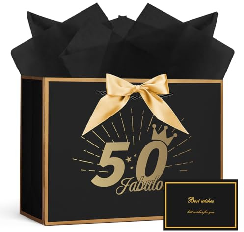 AOOSU Geschenktüte 50 Geburtstag, Papier Geschenktüten mit Schleife+1 Grußkarten+3 Seidenpapier, Schwarz Geschenktaschen Frauen Männer 50th Birthday Gift Bag, Geschenkverpackung für Geschenk Jahrestag