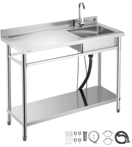 VEVOR Évier cuisine utilitaire en acier inoxydable, évier professionnel autoportant à cuve unique droite, avec robinet, tuyau d'eau chaude et froide pour garage, restaurant, buanderie, 1200x500x940 mm