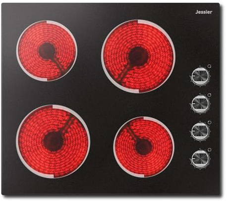 Jessier Ceramic Hob with Knobs, Built-in Electric Hob 4 Burners 60 cm | 9 Power Level, 6000W, 220-240V, Hardwired, No Plug Included