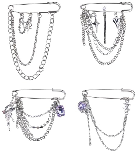 SUPERFINDINGS 4 Stil Dekorative Sicherheitsnadeln Punk Kragen Broschen Nadel Silberne Hosenbundverenger Sicherheitsnadel Mit Hängeketten Legierung Stern Schmetterling Strass Herz Brosche
