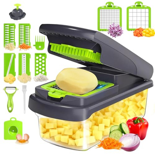15 in 1 Manual Vegetable Chopper with Container, Veggie Slicer Dicer Set with 10 Sharp Blades, Heavy Duty Food Chopper for Meal Prep, Onion & Potato Cutter, No-Slip Base, Easy Clean Kitchen Gadget