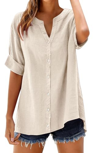 Camicetta Donna, Camicia Lino Donna Maniche Tre Quarti Estiva Moda Camicie Cotone Elegante Blusa Casual Camicetta Da Spiaggia Classico Leggera Comoda Lavoro Viaggi Uso Quotidiano Beige S