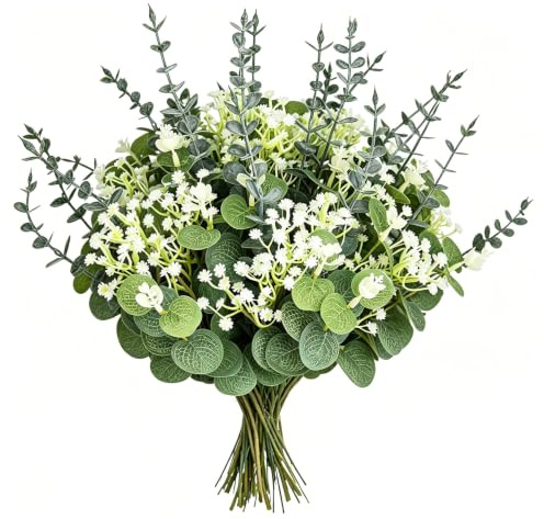 ADORAMOUR Künstlicher Eukalyptus Blumenstrauß mit Schleierkraut - 60 Stängel Gemischtes Kunstgrün, PVC Kunstpflanzen Deko für Wohnzimmer, Hochzeitsdekoration, Tischvase, Tischmittelpunkt Dekoration