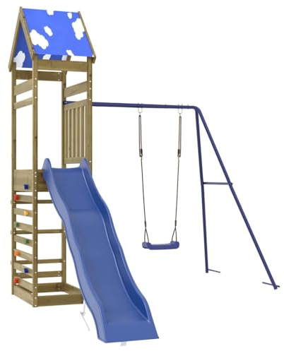 Spielturm aus imprägniertem Kiefernholz mit Wellenrutsche und Schaukel, 118 cm Plattformhöhe, Kletterwand, Sandkasten, stabiles Gestell für Kinder im Garten, wetterfest und langlebig