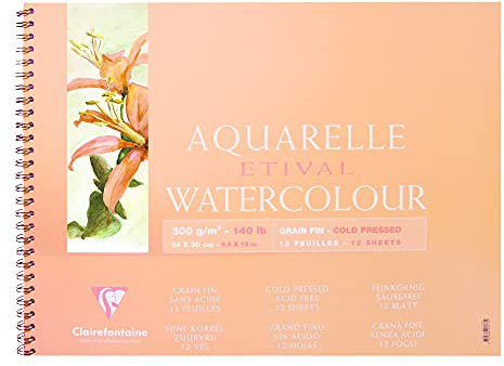 Clairefontaine 96071C Malblock, mit Doppelspirale Aquarellpapier Feinkörnig, Etival/Zellulose, 24 x 30 cm, 12 Blatt, 300 g, weiß