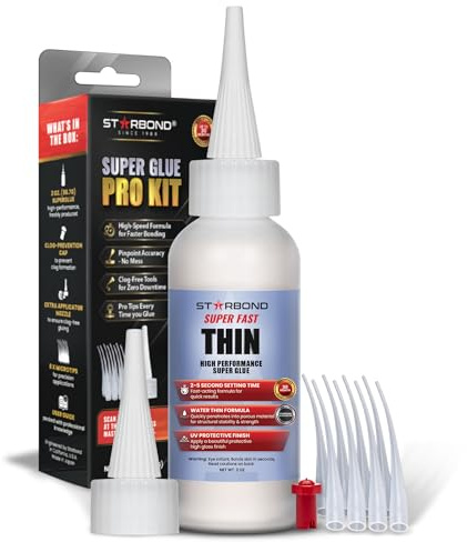 Starbond Super Fast Thin CA Glue – Super Glue Pro Kit with Precision Microtips Anti-Clog Cap & Extra Nozzles – Premium Cyanoacrylate Adhesive for Cracks, Joints, Woodturning, Hobby & Repairs, 2 oz