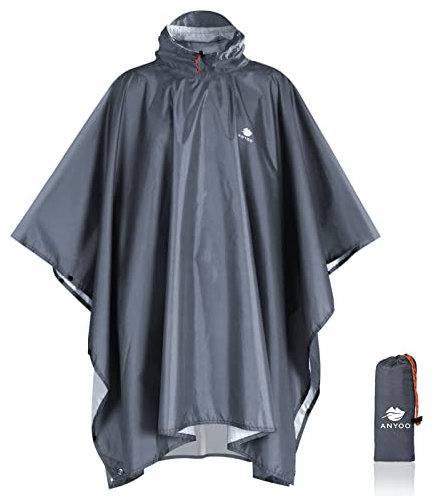 ANYOO Leichter Wasserdichter Regenjacken Wiederverwendbar Ripstop Atmungsaktiver Mehrzweck Regenmantel mit Kapuze Schutzdecke Unterschlupf für im Freien Camping Wandern Angeln, Grau, Einheitsgröße