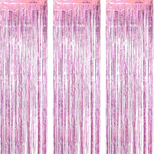 AILEXI 3 Pack Metall Lametta Vorhänge Folie Fransen Schimmer Vorhang Tür Fenster Dekoration für Geburtstag Hochzeit Partei liefert Luftschlangen 92 * 245cm - Rosa