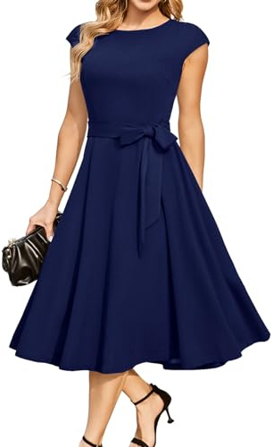 Dresstells Robe de cocktail mi-longue pour femme Style rétro rockabilly années 1950 Robe élégante pour un mariage - Bleu - 36