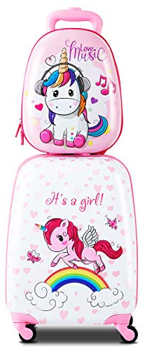 HONEY JOY 2 Pcs Kids Carry On Luggage, 12 School Backpack & 16 Rolling Suitcase, Waterproof Hard Shell Travel Case with Spinner Wheels, Gift for Boys Girls Overnight Travel, Pink Unicorn