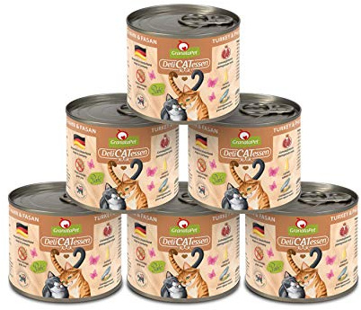 GranataPet DeliCatessen con tacchino e fagiano, cibo umido gatti, gustose scatolette gatto senza cereali e zuccheri aggiunti, alimento umido per gatti, 6 x 200 g
