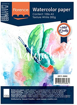 Florence Akvarellpapper Struktur, Vattenfärgspapper för Akvarelltekniker A5, Vit, Akvarellark för Målning, Scrapbooking och Pappershantverk, 300 Gsm