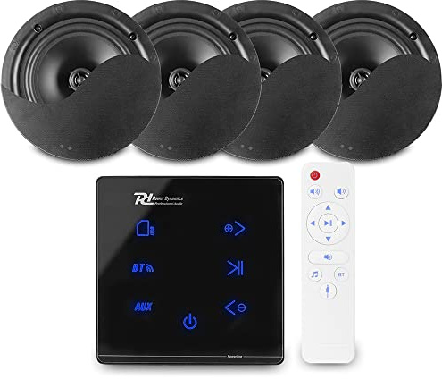Power Dynamics Powerline Bluetooth Ceiling Speaker System - A100B Wall Amplifier with Touch Control & 4x NCSS6B 6.5-Inch Black Speakers - Home Audio Surround Sound Hi-Fi Music Installation Kit