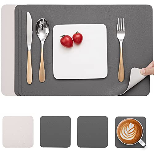 Myir JUN Tischsets Abwaschbar und Untersetzer, Platzset Leder Platzdeckchen Abwaschbar Doppelseitigen Tischsets Umkehrbares Tischset rutschfest Tischset Lederoptik (Grau Beige, Satz von 4)