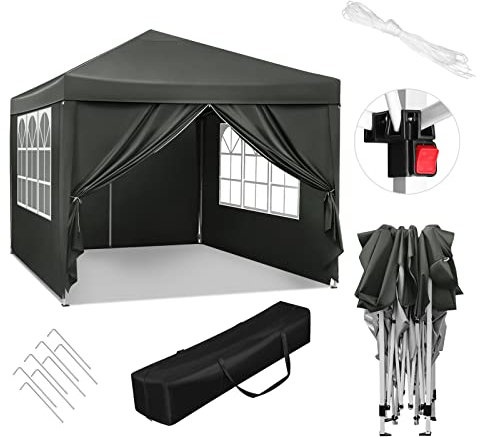 WOLTU Tonnelle de Jardin Tente Pliante Auvent Pliable Imperméable Protection du Soleil UV 50+ avec Un Chiffon Sac de Transport Inclus Facile à Installer Hauteur Règlable 3x3m Gris