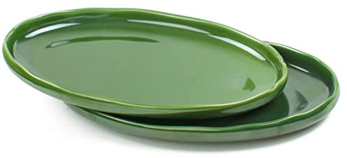 vicrays Ceramic Serving Platter Tray - Extra Large Oval 14.5 Inch Porcelain Dinner Plates Long Serving Dish Set - Ideal for Entertaining Party Restaurant Food Meat Sushi Fish Turkey - Green