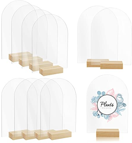 Bercoor 10 Pack 5x7 Inch Blank Clear Arch Acrylic Sign with Wooden Stands, Arched Round Top Acrylic Sheet, DIY Acrylic Arch Table Numbers for DIY Name Card Gifts Event Party Sign Decoration