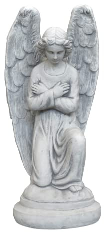 gartendekoparadies.de Engel Statue auf rundem Sockel, Steinfigur H. 80 cm, 52 kg, Grau, frostsicher aus Steinguss für Außenbereich