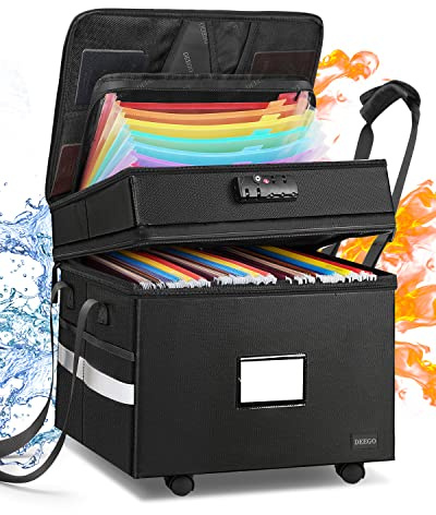 DEEGO Rolling File Box, Fireproof Document Box with Wheels Multi-Layer Water-Resistant File Organizer Portable file Cabinet Document Safe filing box for Home Office for Hanging Letter/Legal Folder