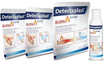 Detectaplast Verbrennungs Kit mit Brandwunden-Kompresse, Brand und Wundgel (2x 10x10 cm, 1x 20x20 cm, 118 ml) - Sterile Hydrogel-Kompressen & Brandsalbe für Verbrennungen - Brandwunden Set
