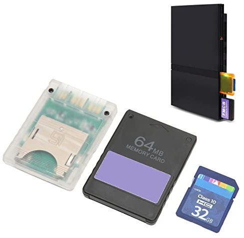 MX4SIO SIO2SD SD-Speicherkartenleser-Adapter mit 32-G-Speicherkarte, FMCB-Speicherkarte McBoot V1.966 64 MB für Playstation2 All-Spielekonsole, Plug-and-Play (Schlanke Konsolen)