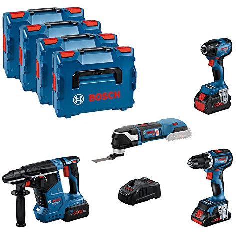 Bosch Professional 18V System Combo Kit: GSR 18V-90 C + GDR 18V-210 C + GBH 18V-24 C + GOP 18V-28 (inkl. 1x Akku ProCORE 4.0Ah, 2x Akku ProCORE 5.5Ah, Ladegerät GAL 1880 CV, L-BOXX)