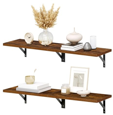 HOOBRO Floating Shelves, 30 Inch Wall Shelf Set of 2, Wall-Mounted Storage Shelves, Retro Hanging Shelf with Metal Frame, for Living Room, Bedroom, Bathroom, Kitchen, Rustic Brown and Black BF24BJ01