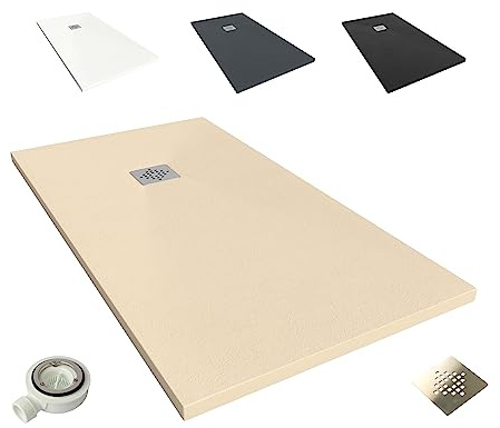 NEBADOON Plato de Ducha Resina Roma II Antideslizante 100x190 Crema | Antibacteriano, textura pizarra, válvula 60 l/min incluida, corte a medida, fabricado en España, garantía 3 años