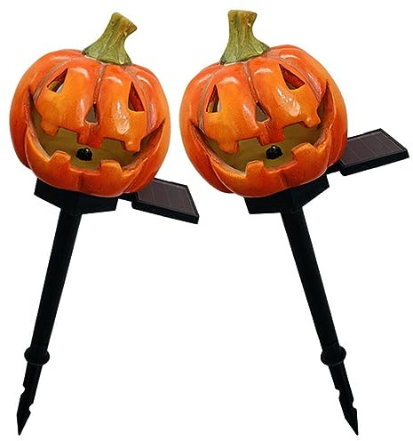 Yardwe Gartendekoration 2st Solar-kürbis-Laterne Halloween-gartendekoration Solar-kürbisgartenpfähle Halloween-außendekorationen Kürbis- Bodenlicht 3D Harz Dekorative Lichter Led