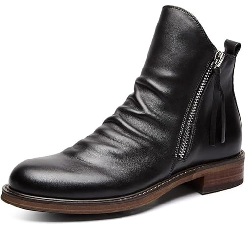 DJFOG Bottes mi-Hautes pour Hommes Bottines à Fermeture éclair latérale Talon en Cuir Chaussures habillées Formelles Chaussures Classiques,Noir,45 EU
