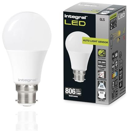 Integral Ampoule LED GLS B22 non-dimmable à double capteur crépusculaire - Blanc froid 4000K, 806lm, 8W (équivalent 60W) - Basse consommation et idéale pour l'extérieur
