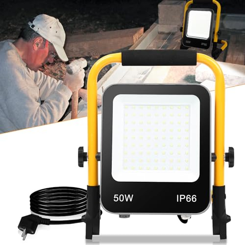Ansobea LED Baustrahler 50W 5100LM x2, arbeitsleuchte led akku 6000K Tageslichtweiß, LED baustellenlampe mit Stecker, baustellenlampe mit 3M Kabel und Wasserdicht IP66 für Baustelle Garage