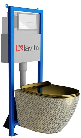 Lavita LAV 101 Vorwandelement für WC 40cm + Wand Hänge Tiefspül WC SOFI SLIM GOLDEN NEVER DIE Spülrandlos + Bedienplatte LAV 200.3.1 Weiß | Komplettset | Unterputz Spülkasten | Toilette Komplett Sett