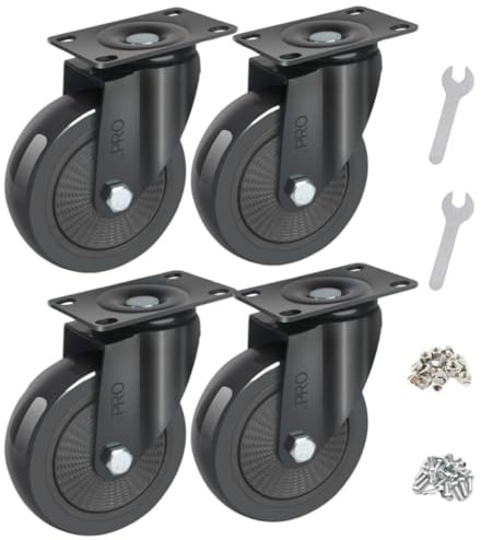 .PRO Lenkrollen für Wagen, hohe Belastbarkeit, 600 kg, 100 mm (schwarz) – industrielle Transportrollen für Möbel mit Schrauben, Bolzen, Verriegelung, ohne Markierung (4 Räder ohne Bremse)